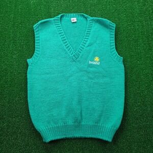 Vintage Ireland Shamrock Embroidered Pure Wool Sweater Vest Mens Small Green